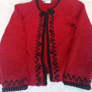 Woman's sweater, red with black trim
